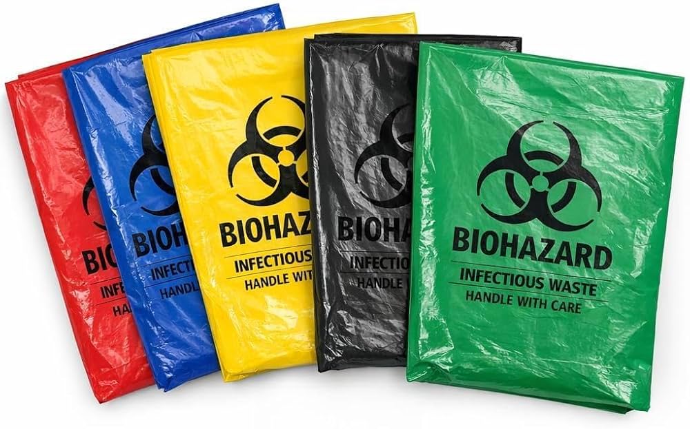 Stacked colour-coded biomedical waste bags with biohazard symbols and "INFECTIOUS WASTE — HANDLE WITH CARE" labels in red, blue, yellow, black and green