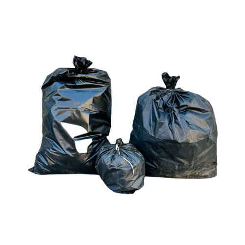 Three heavy-duty black plastic disposable garbage bags of different sizes