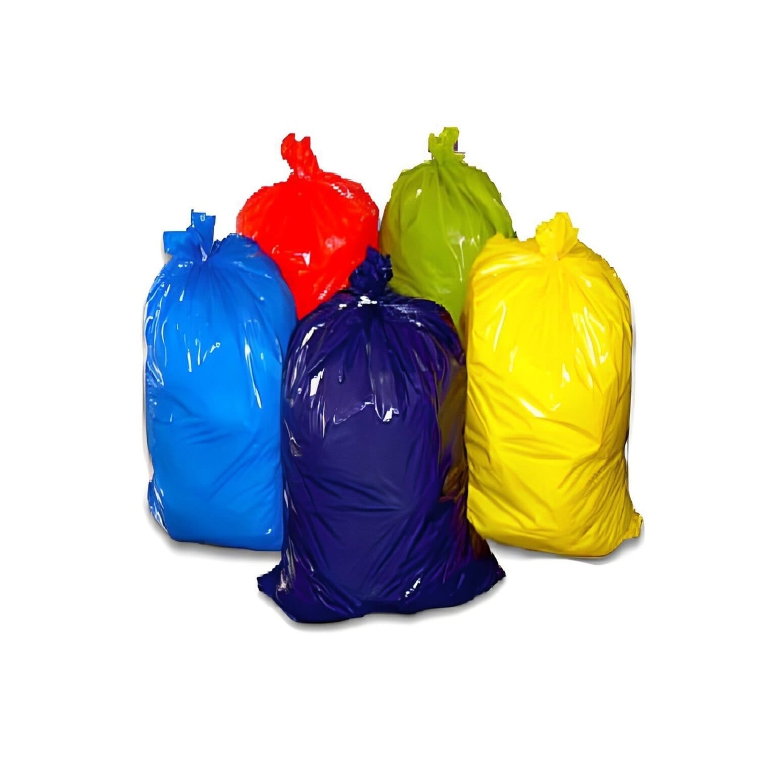 Five brightly coloured Klean Cosmos garbage bags in blue, red, green, dark navy and yellow on a white background